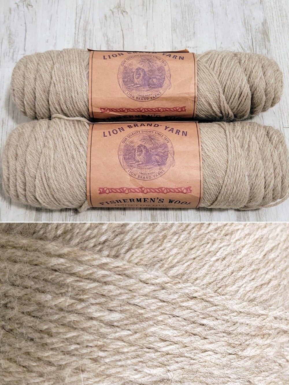 Lion Brand Fishermans Wool Yarn - Oatmeal (2 Skeins 378g Total) Matching Dye Lot